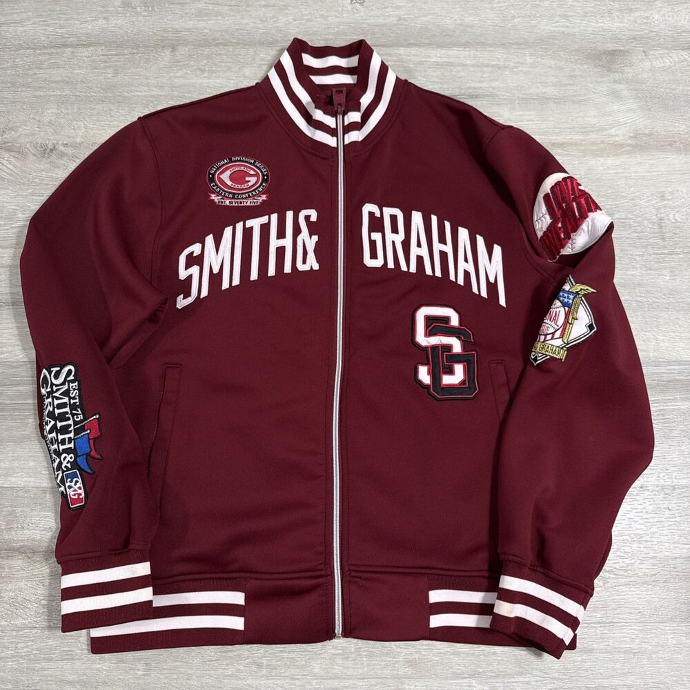 Smith & Graham Jacket Men’s XL Baseball Varsity Full Zip Burgundy #75 Patches